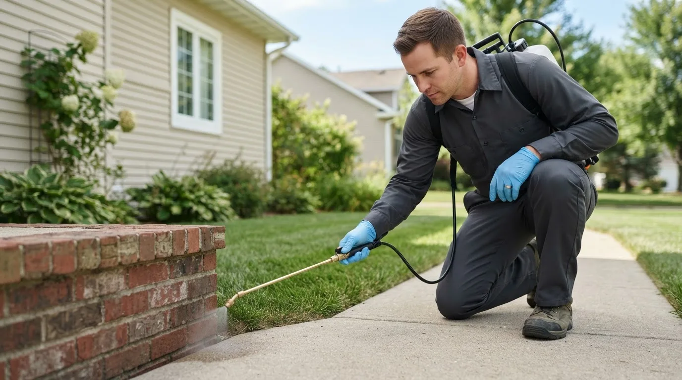 Pest control technician treating a home near Melrose, MN